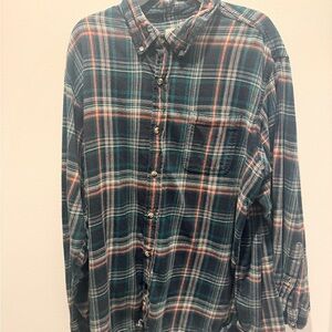 Casual Green  Navy and Orange Plaid Button-Down Shirt